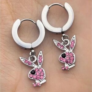 Playboy Bunny Earrings Silver Stainless Steel With Pink Rhinestones